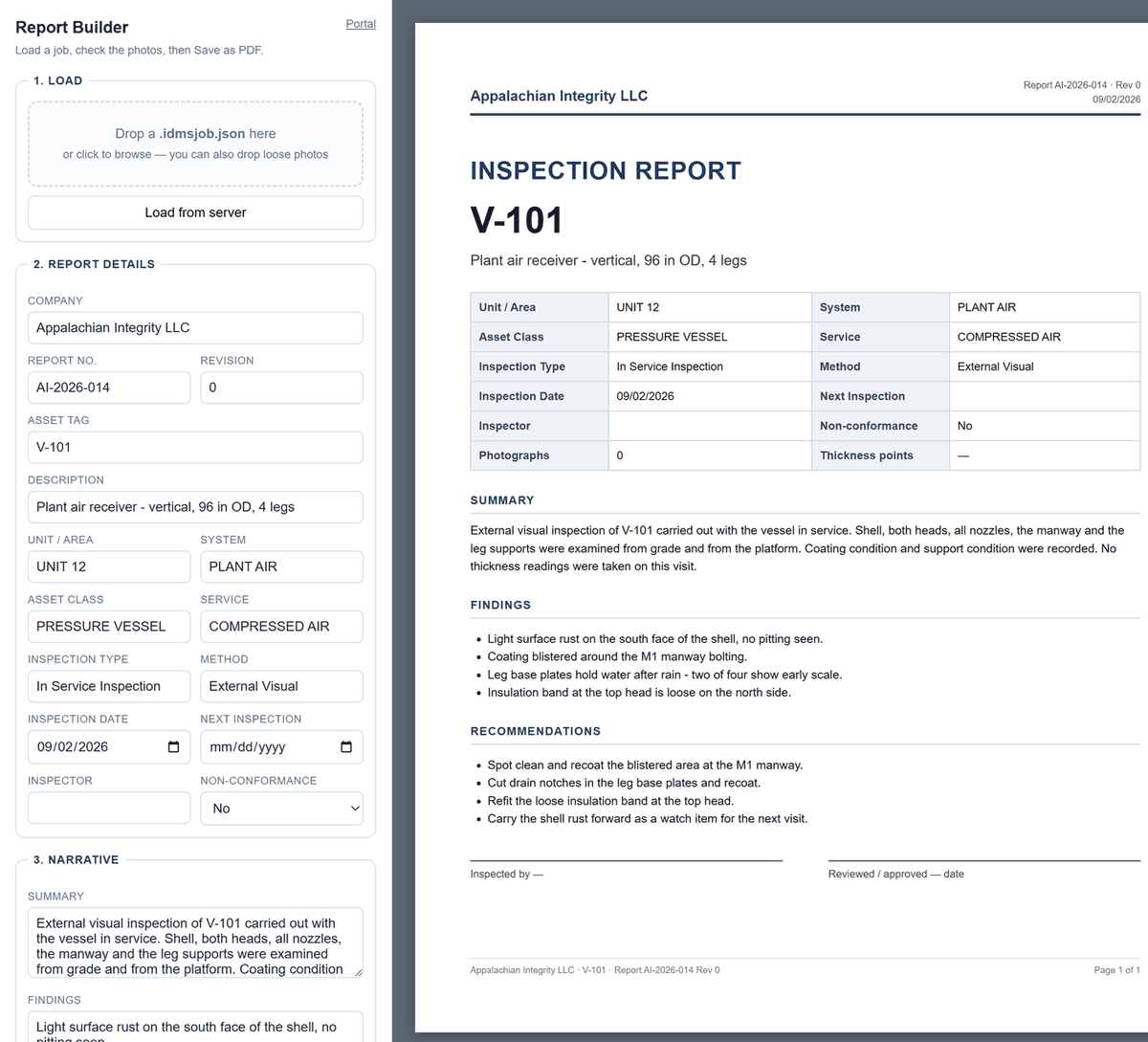 The API Report Builder with a report page laid out beside the form it was filled from