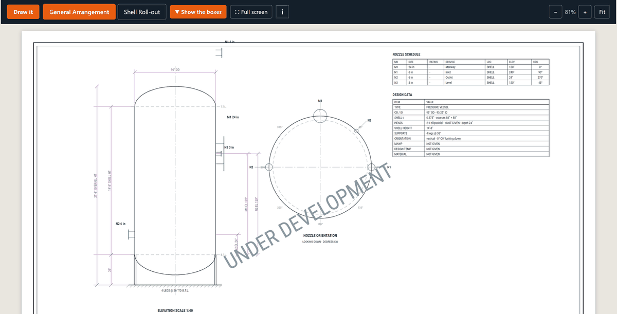 A General Arrangement sheet in Tank & Vessel Drafter AI, elevation with dimensions, nozzle orientation circle, nozzle schedule and design data