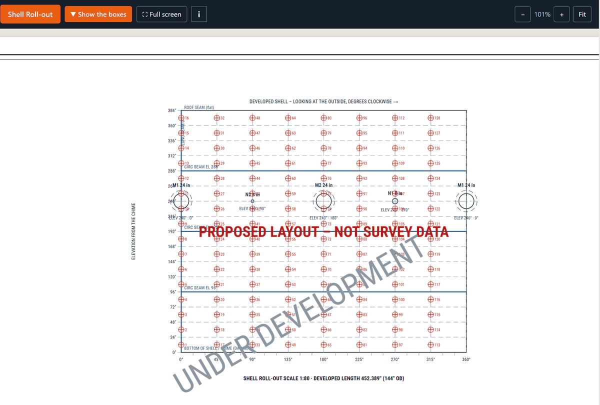 A shell roll-out sheet in Tank & Vessel Drafter AI, the developed shell with seams, nozzles and a proposed CML grid, stamped PROPOSED LAYOUT and UNDER DEVELOPMENT