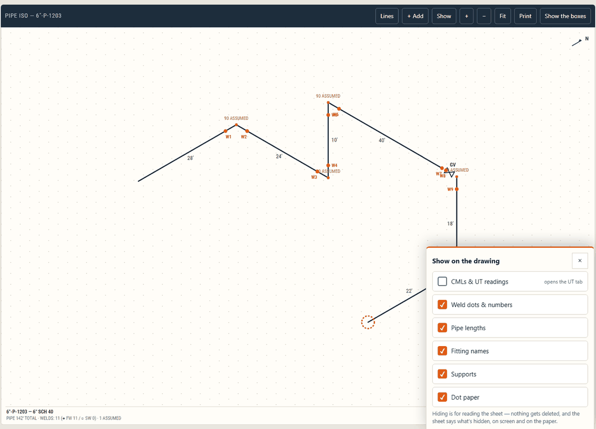 The same isometric with the app's own "Show on the drawing" panel open